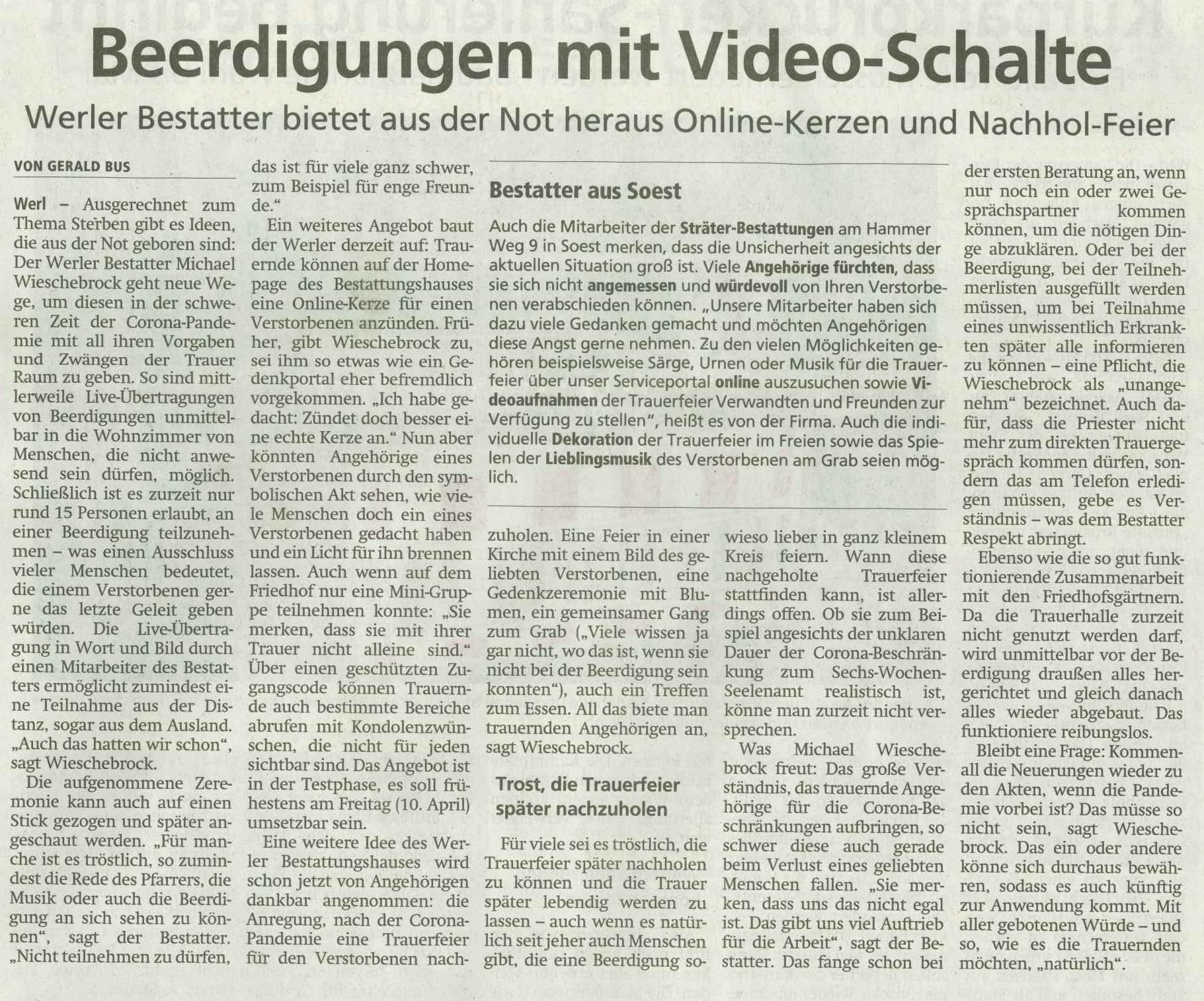 Artikel des Soester Anzeiger zum Thema Beerdigung mit Video-Schalte